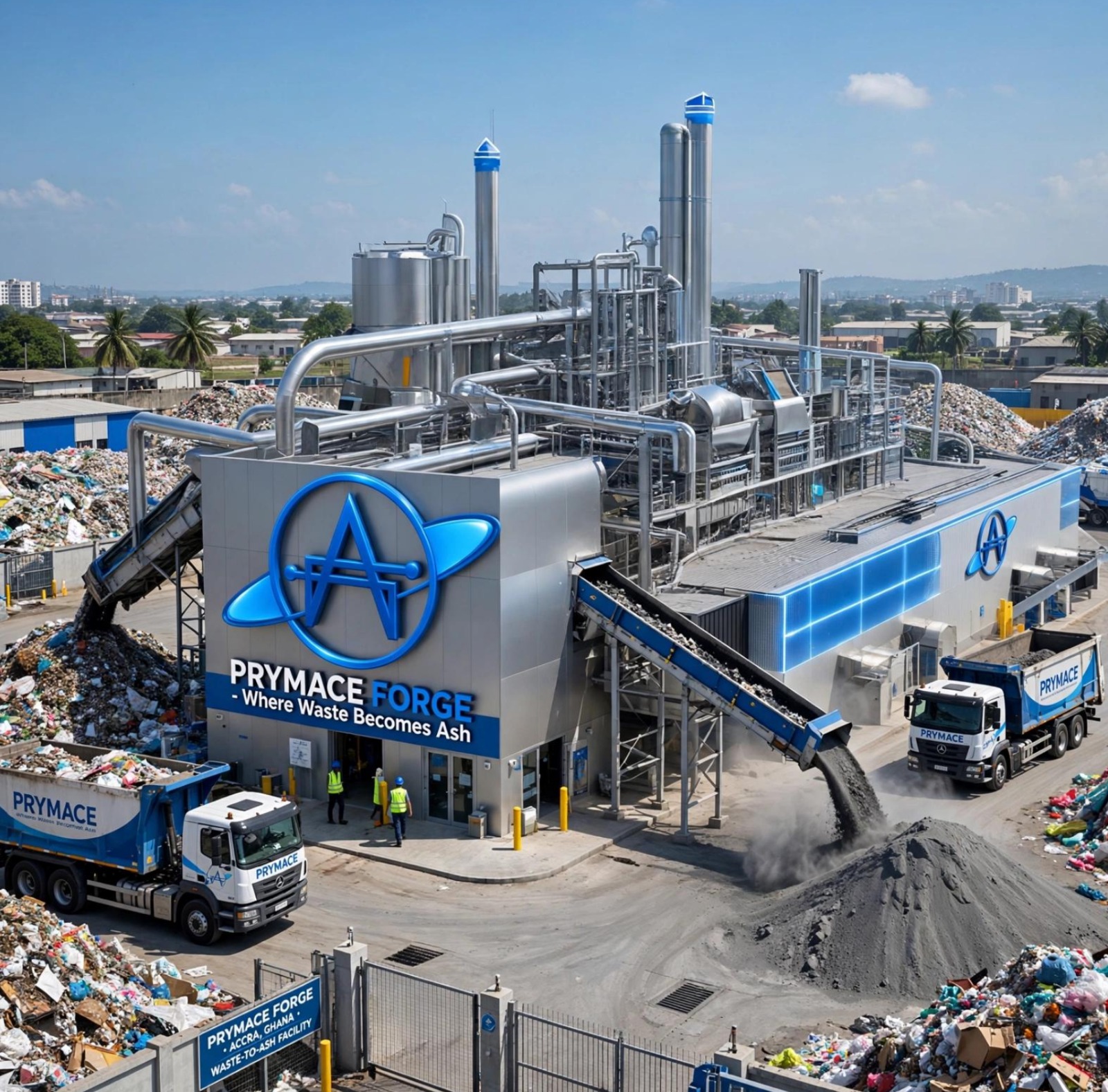 PrymACE Forge waste-to-ash facility, with delivery trucks and feedstock piles
