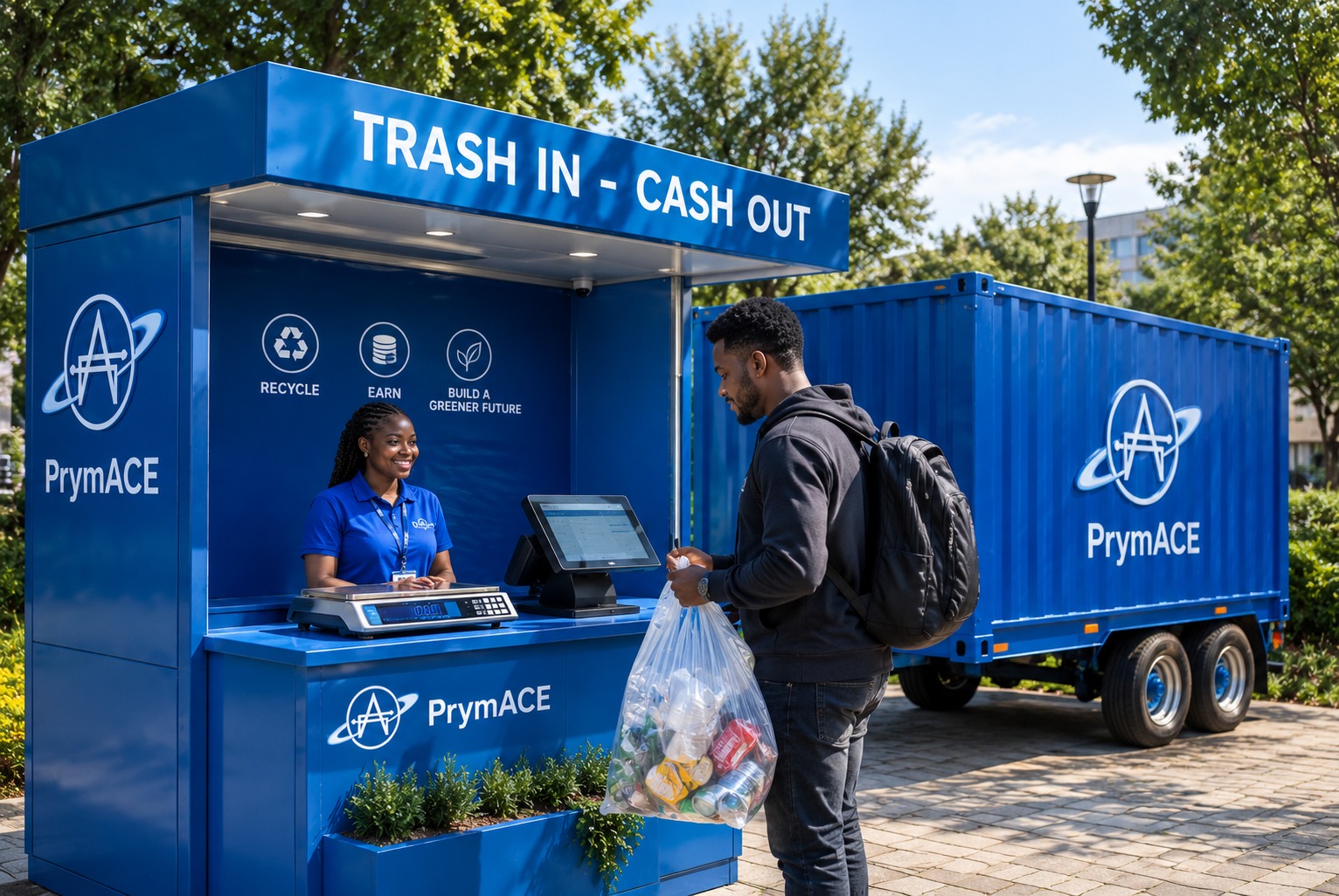 A PrymACE Port kiosk attendant weighing a subscriber's recyclables under a "Trash In - Cash Out" sign