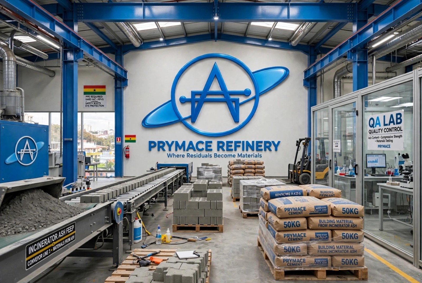 Finished PrymACE Refinery cement and building blocks made from processed ash, with the QA lab in the background